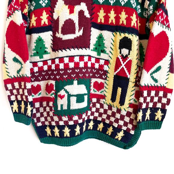 Vintage 90s The Eagles Eye Hand Knit Christmas Sweater Size M Patchwork Holiday - Picture 4 of 13